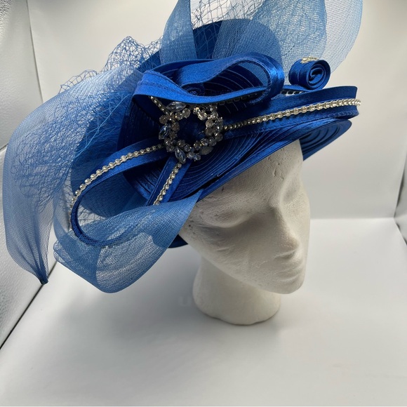 Susanna Elegant Blue Church, Derby Hat with Meshing and Rhinestone Accents main image 12